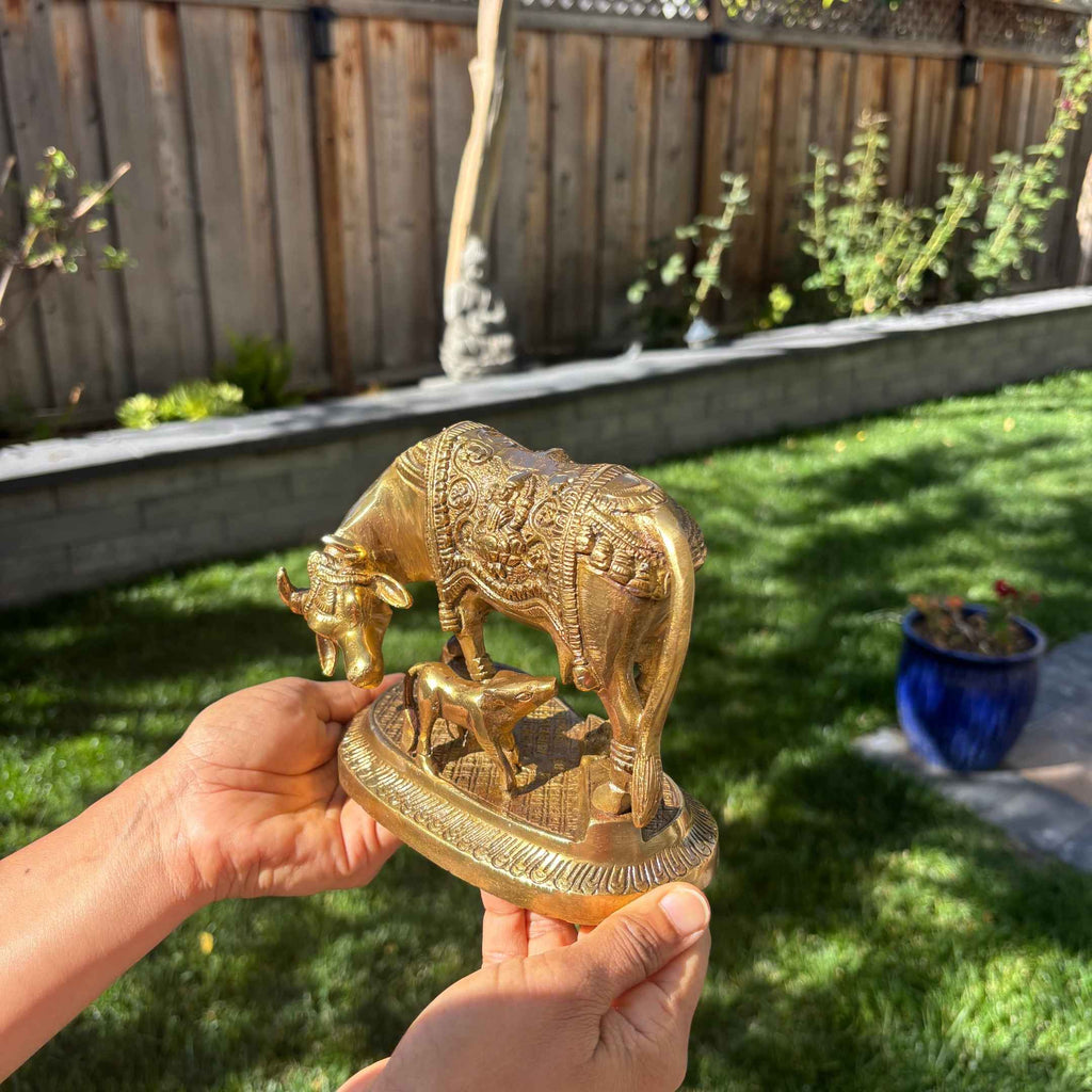 Brass Kamdhenu Cow with Calf Statue - Hand-Engraved, 2 kg