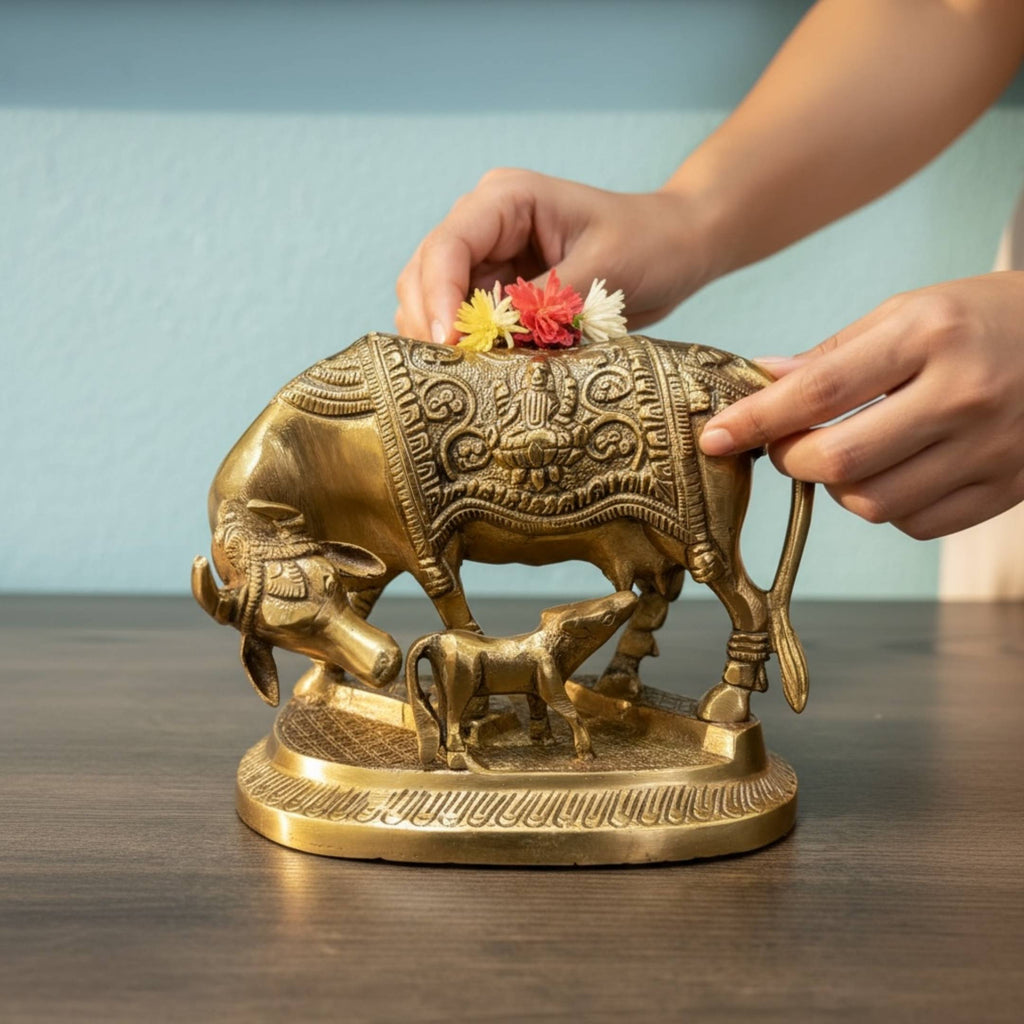 Brass Kamdhenu Cow with Calf Statue - Hand-Engraved, 2 kg