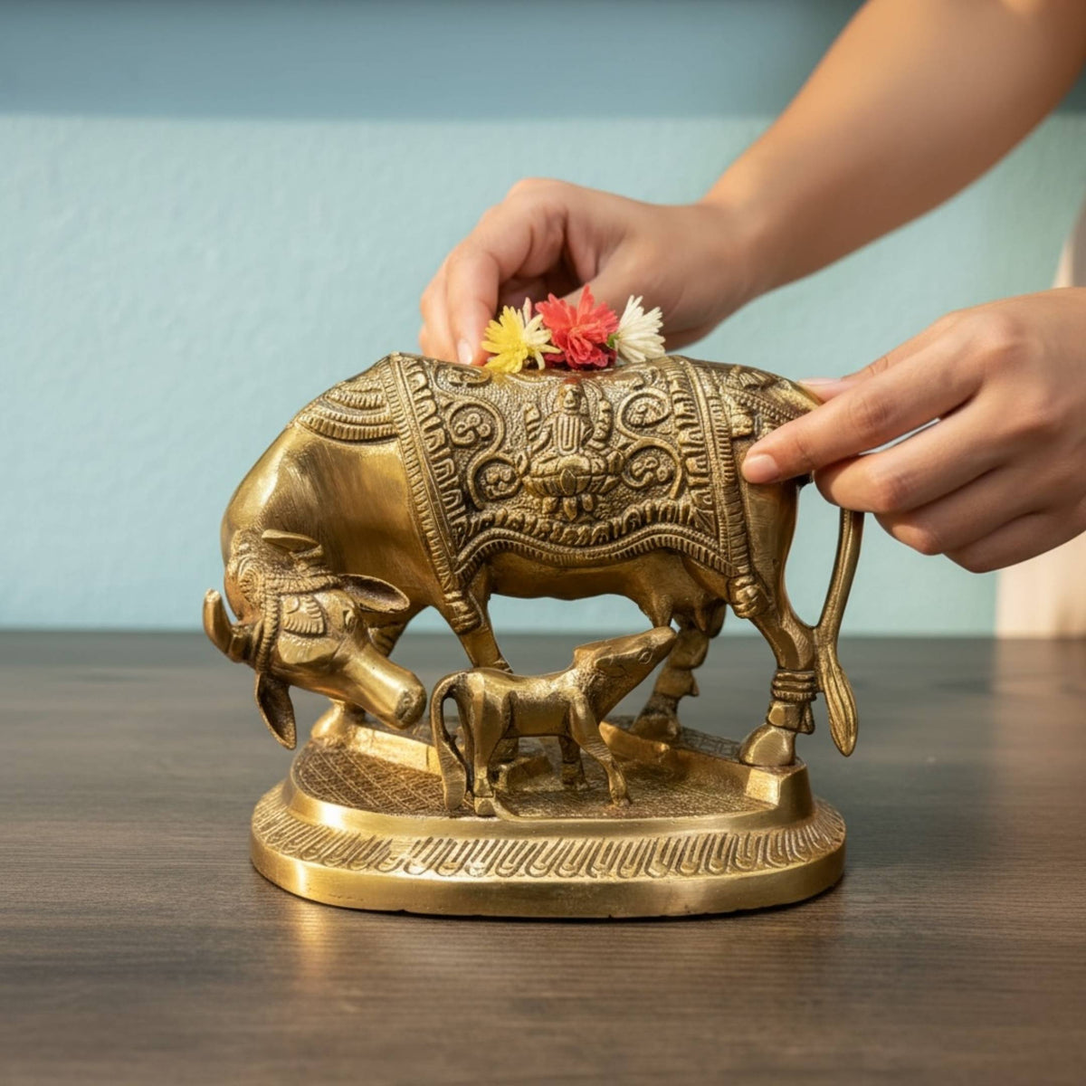 Brass Kamdhenu Cow with Calf Statue - Hand-Engraved, 2 kg