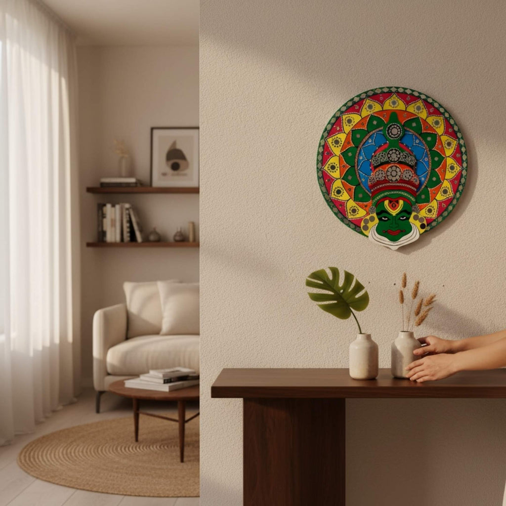 24-Inch Kathakali Wall Art - Hand-Painted Kerala Dance Face
