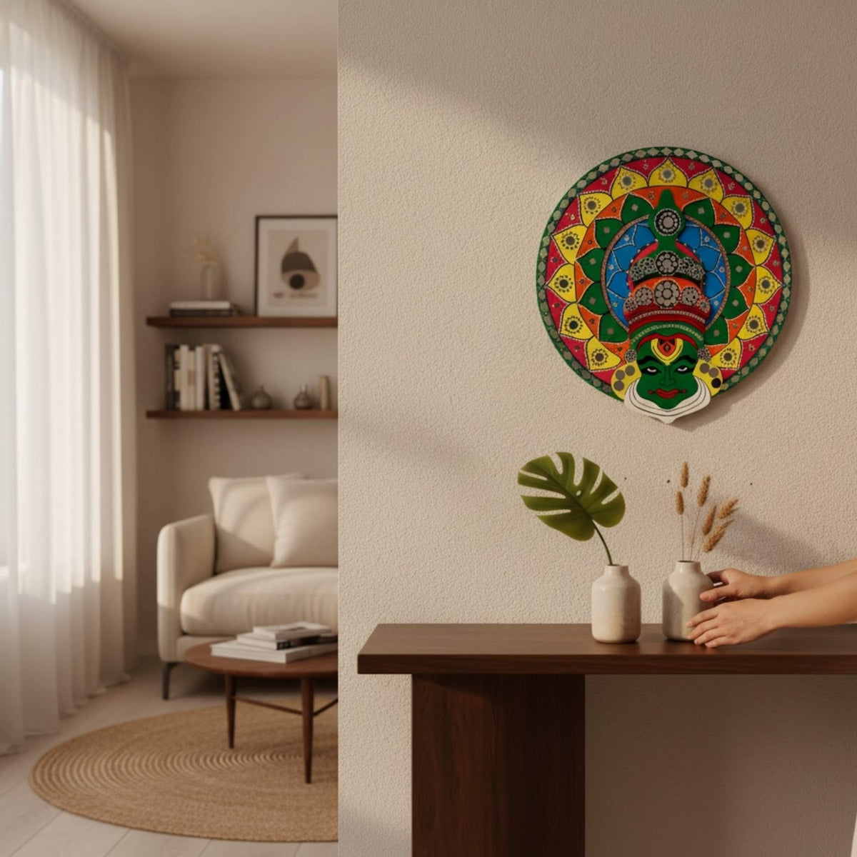 24-Inch Kathakali Wall Art - Hand-Painted Kerala Dance Face