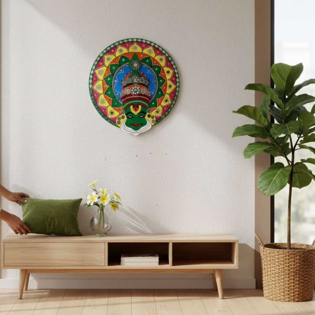24-Inch Kathakali Wall Art - Hand-Painted Kerala Dance Face