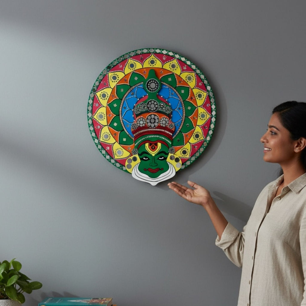 24-Inch Kathakali Wall Art - Hand-Painted Kerala Dance Face
