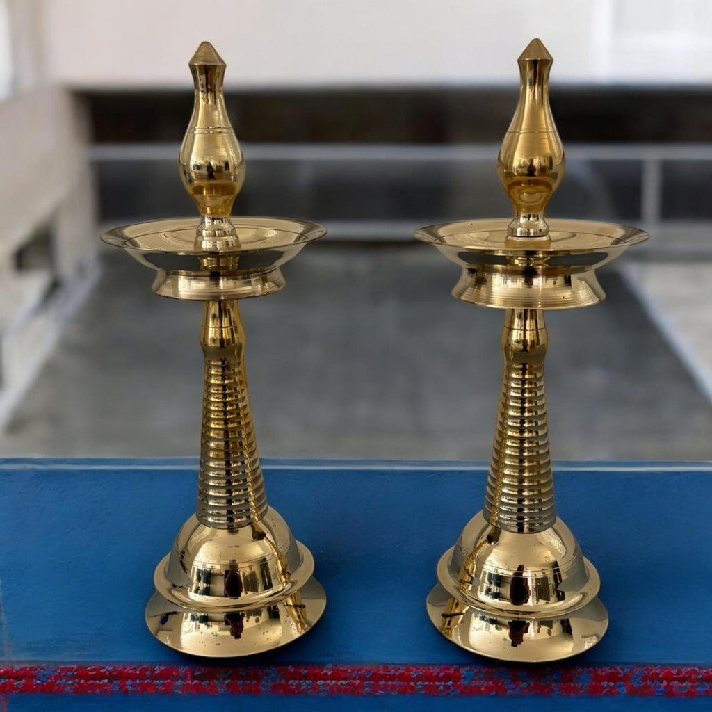 Kerala Brass Samai Oil Lamp - Set of 2, 14in Kuthu Vilakku