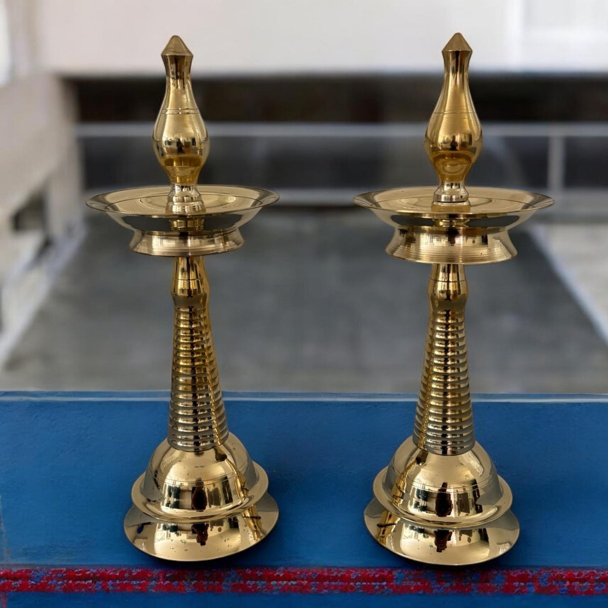 Kerala Brass Samai Oil Lamp - Set of 2, 14in Kuthu Vilakku