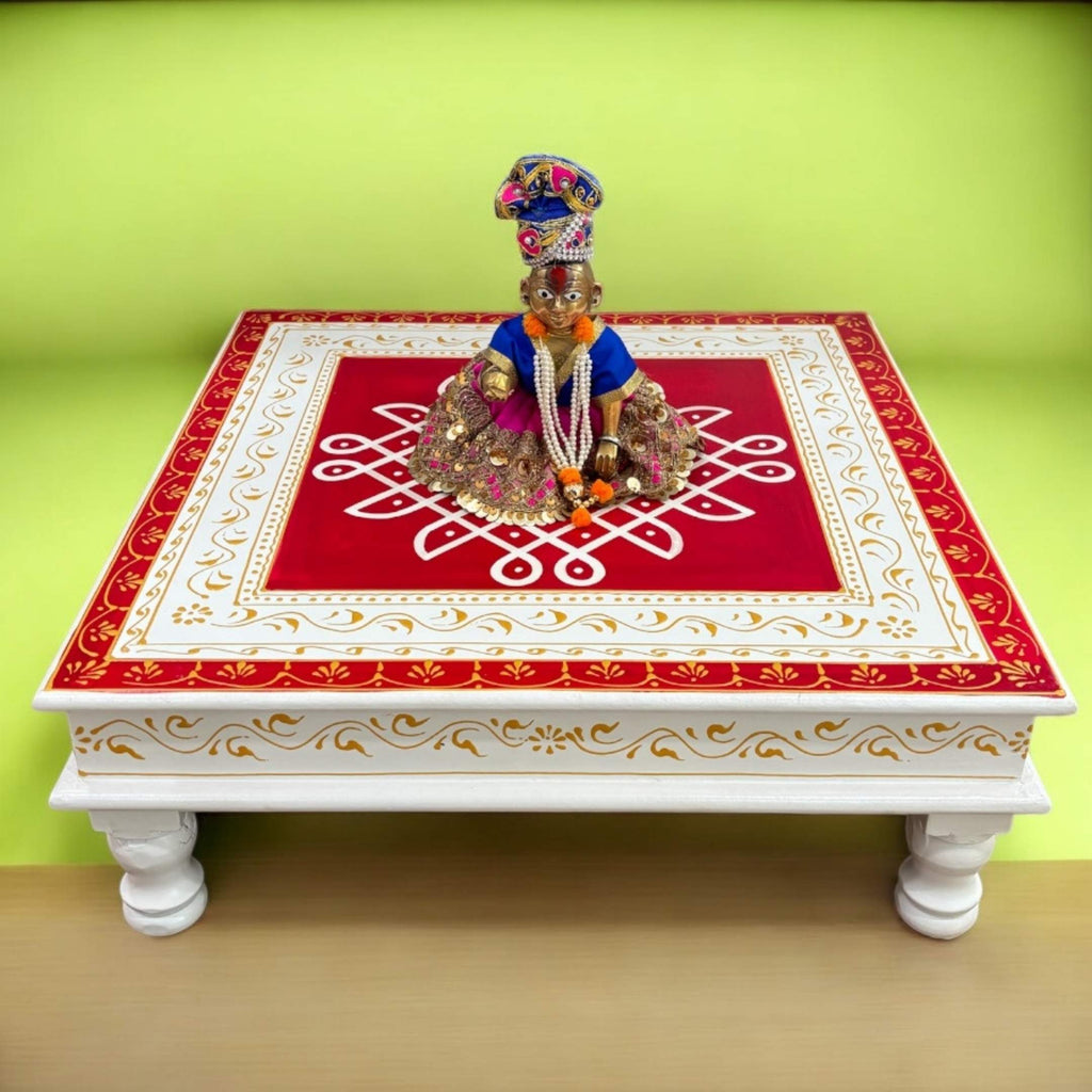 Wooden Kolam Pooja Chowki - 18x18x6.5-Inches Red Bajot