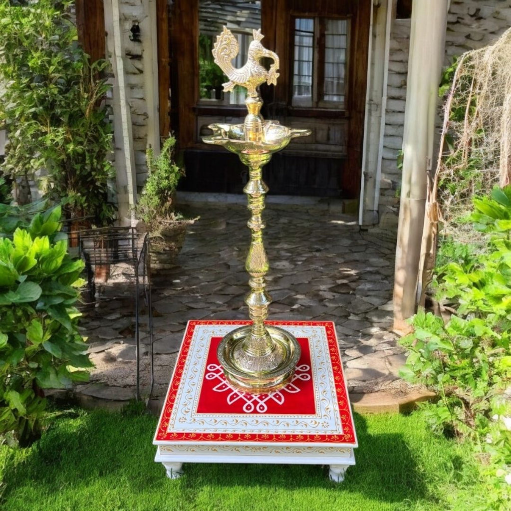 Wooden Kolam Pooja Chowki - 18x18x6.5-Inches Red Bajot
