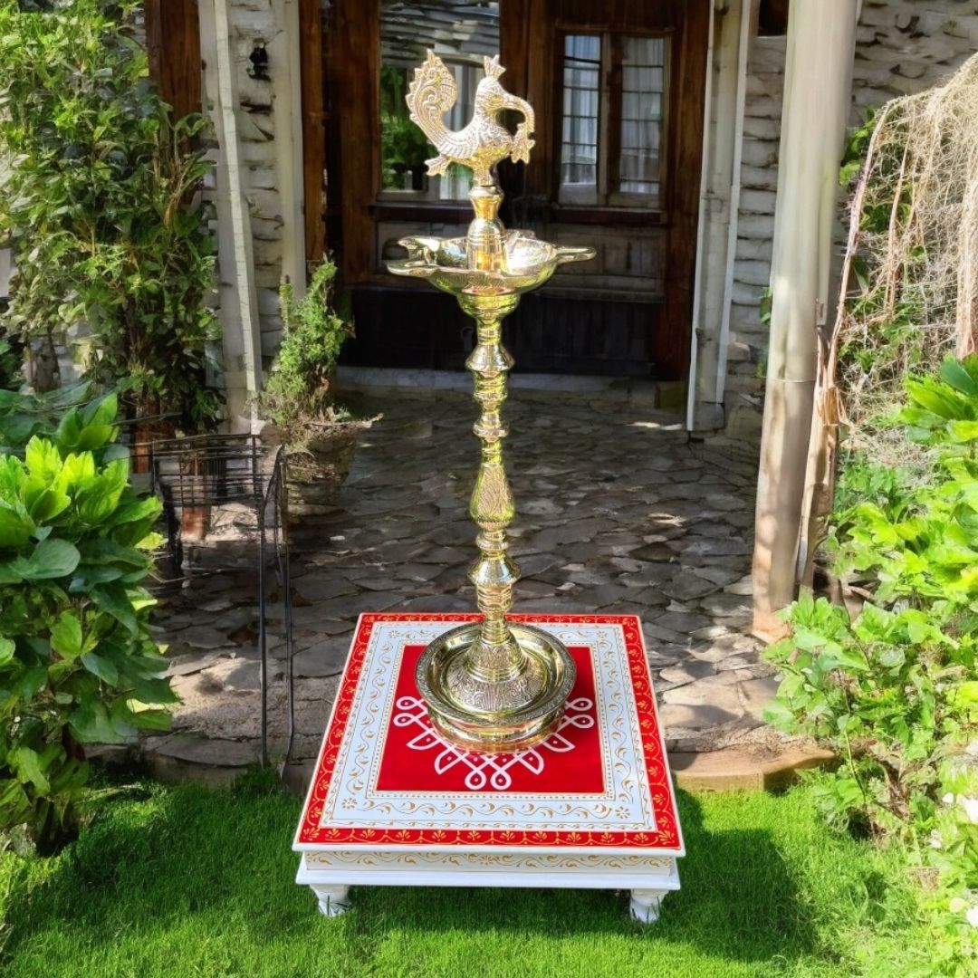 Wooden Kolam Pooja Chowki - 18x18x6.5-Inches Red Bajot