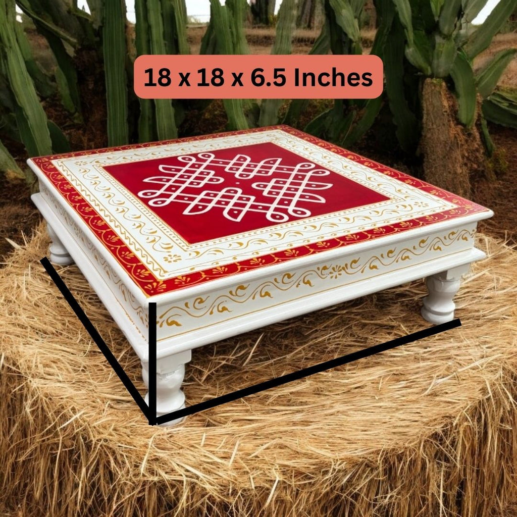 Wooden Kolam Pooja Chowki - 18x18x6.5-Inches Red Bajot