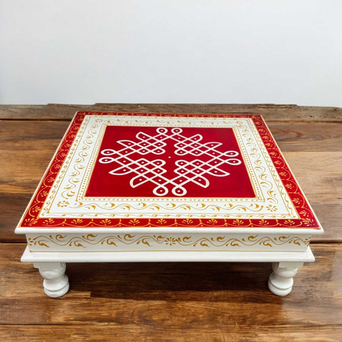 Wooden Kolam Pooja Chowki - 18x18x6.5-Inches Red Bajot
