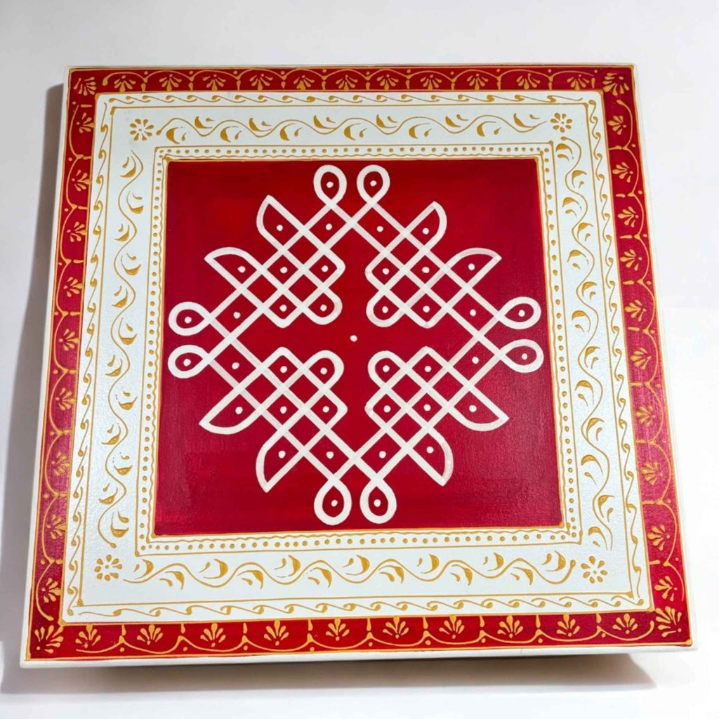 Wooden Kolam Pooja Chowki - 18x18x6.5-Inches Red Bajot