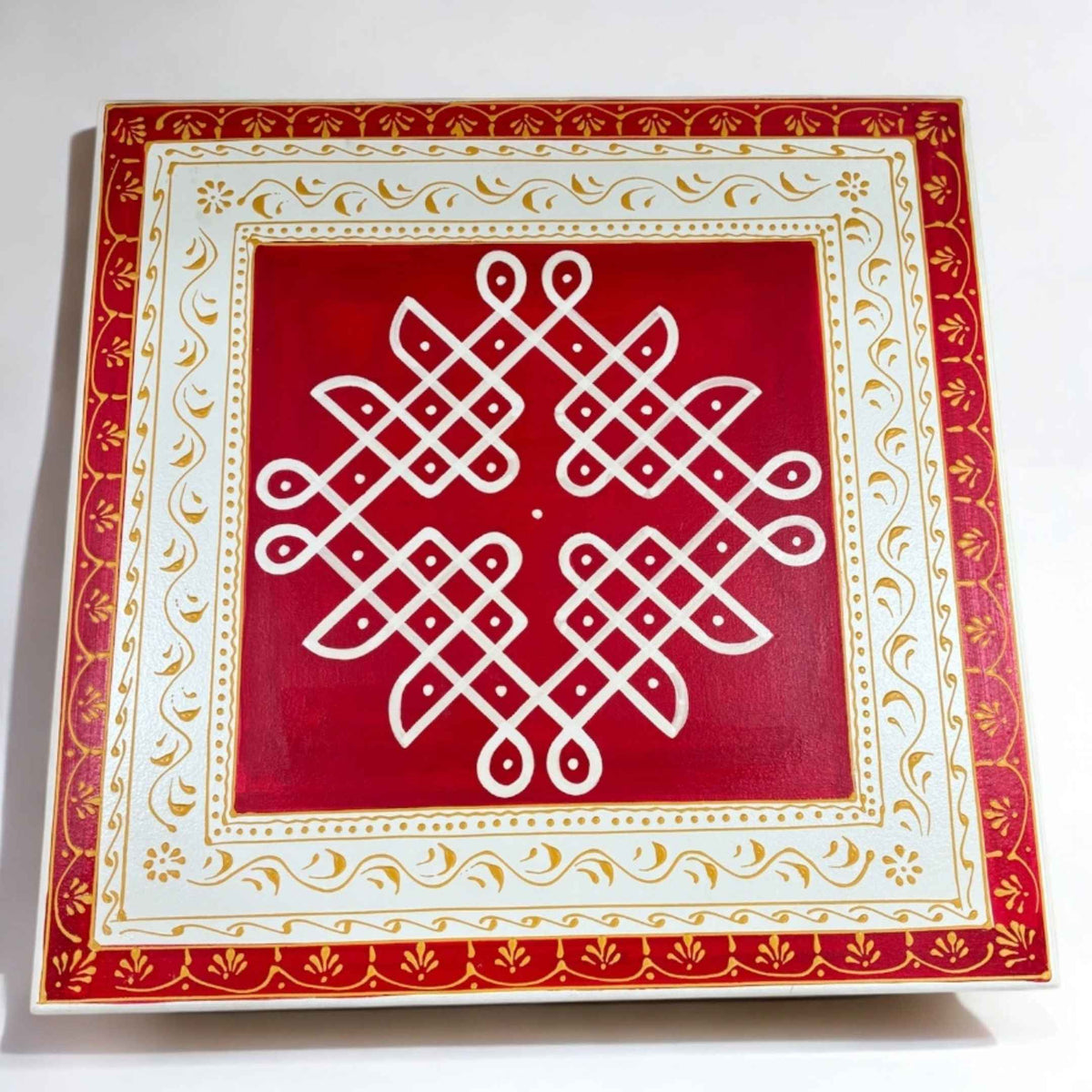 Wooden Kolam Pooja Chowki - 18x18x6.5-Inches Red Bajot