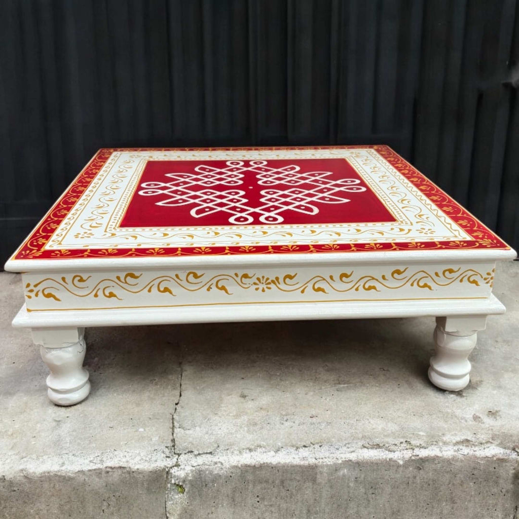 Wooden Kolam Pooja Chowki - 18x18x6.5-Inches Red Bajot