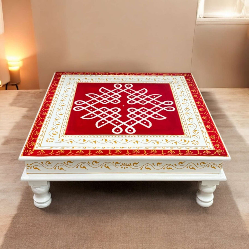 Wooden Kolam Pooja Chowki - 18x18x6.5-Inches Red Bajot