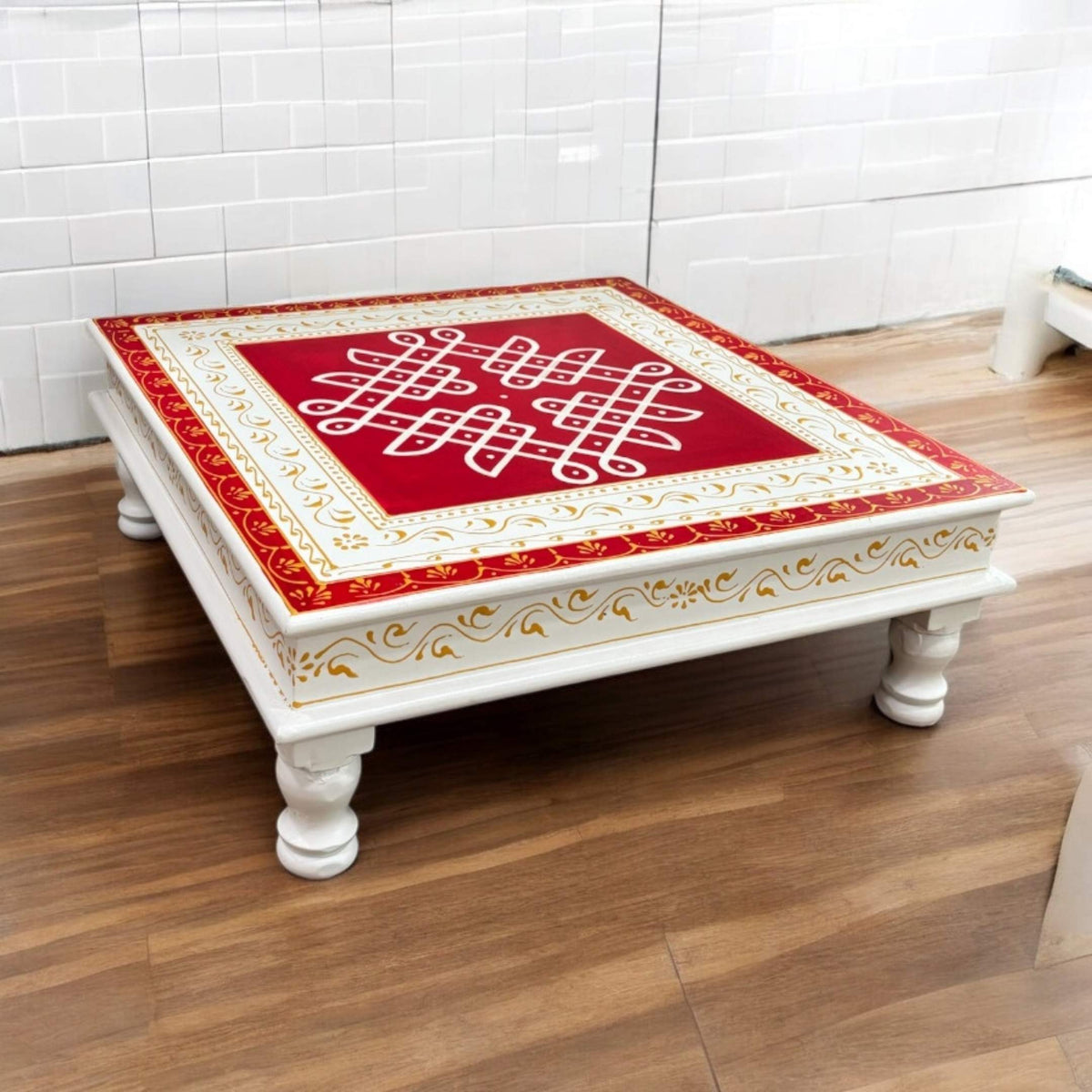 Wooden Kolam Pooja Chowki - 18x18x6.5-Inches Red Bajot