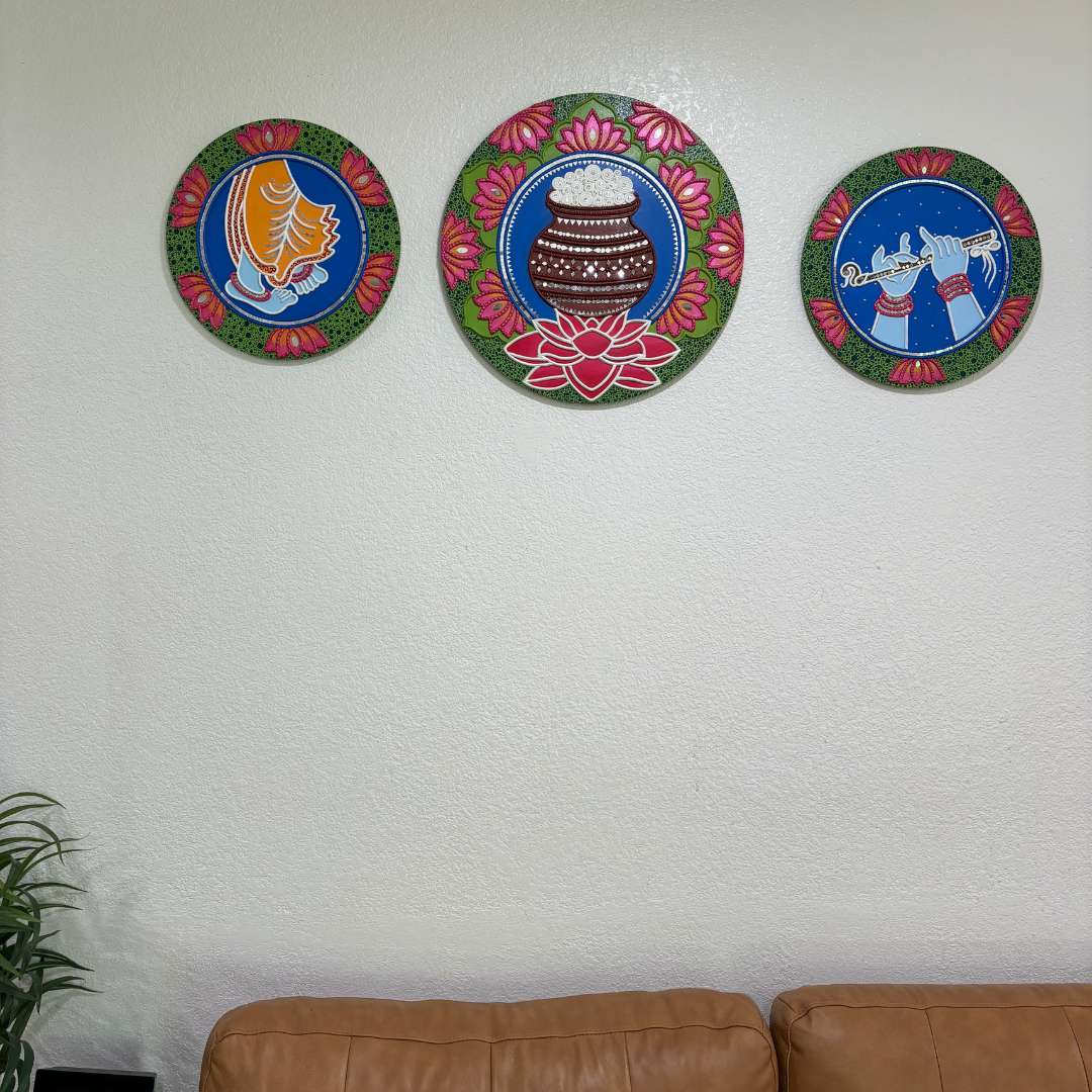 Krishna Lippan Wall Art Medallions - 4 Mud & Mirror Designs
