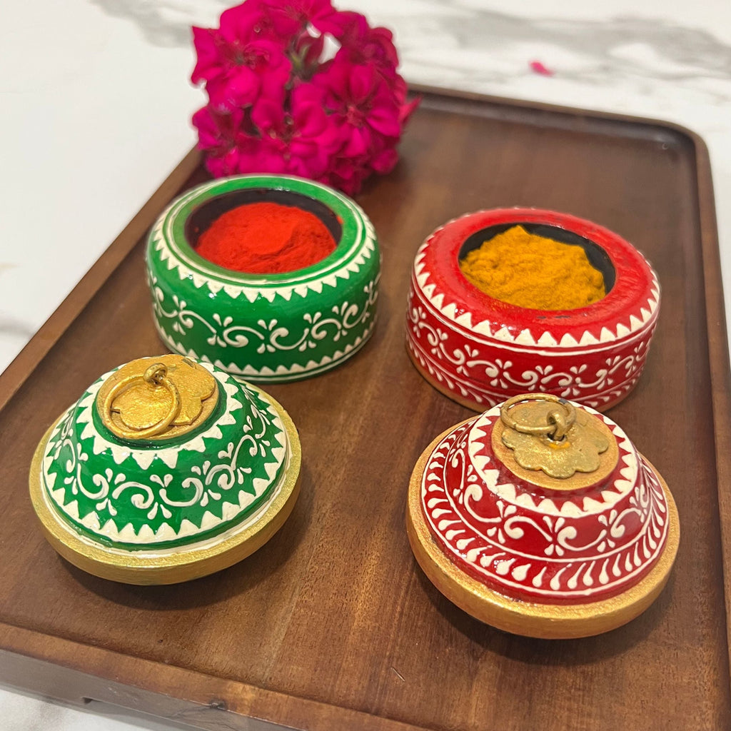 Wooden Kumkum Box - 4-Inch Hand-Painted Tikka Box, 3 Colours