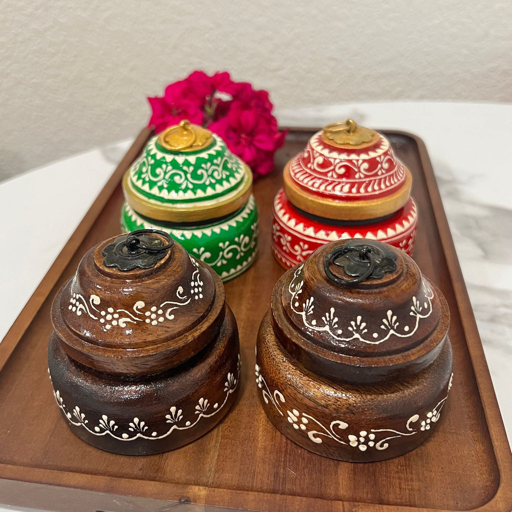 Wooden Kumkum Box - 4-Inch Hand-Painted Tikka Box, 3 Colours