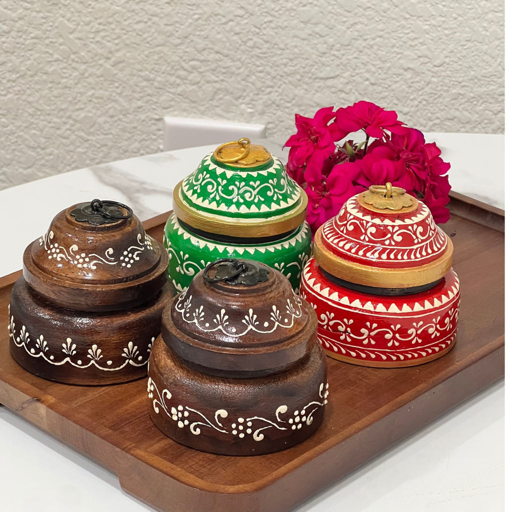 Wooden Kumkum Box - 4-Inch Hand-Painted Tikka Box, 3 Colours