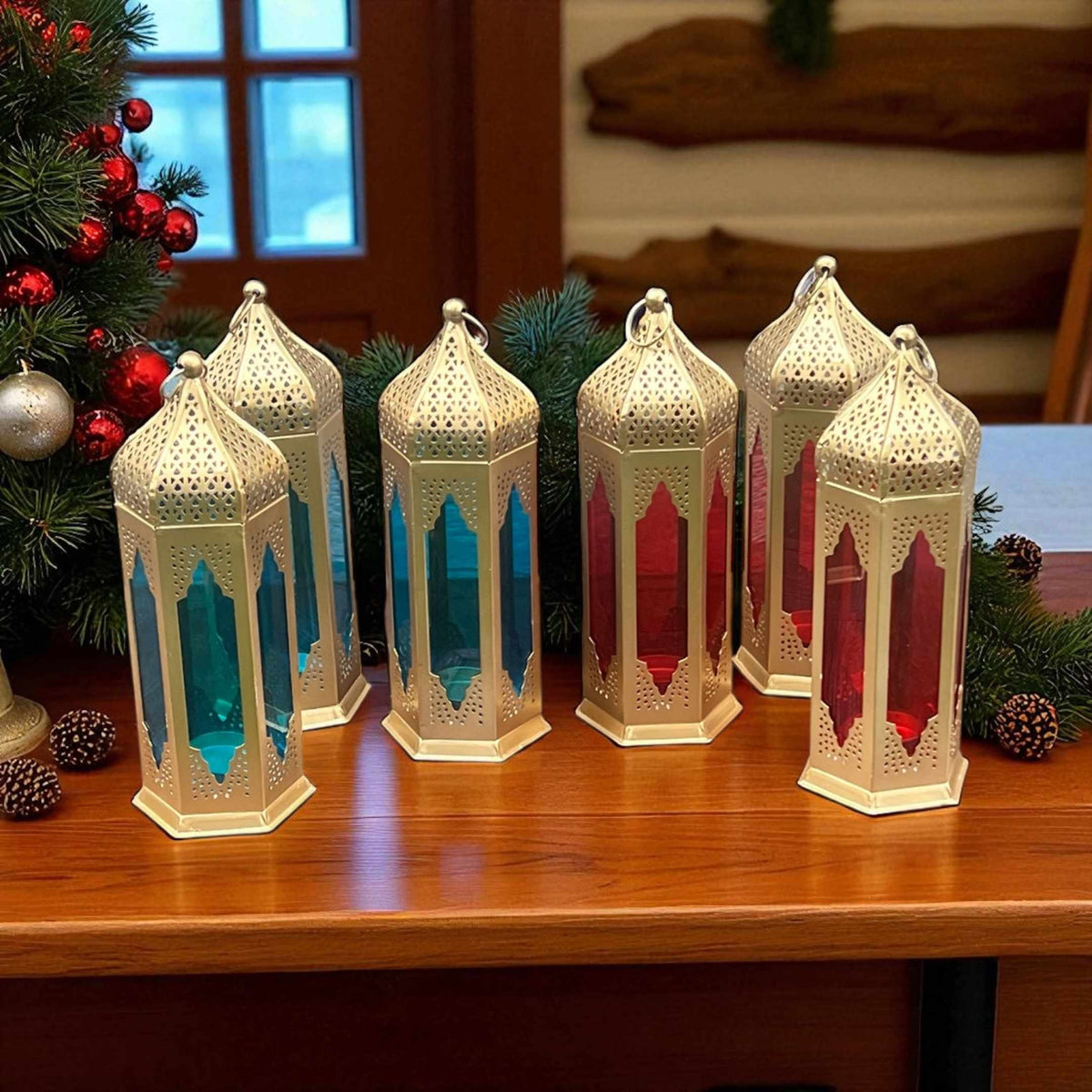 Moroccan Stained Glass Lantern - Set of 2, Red & Blue