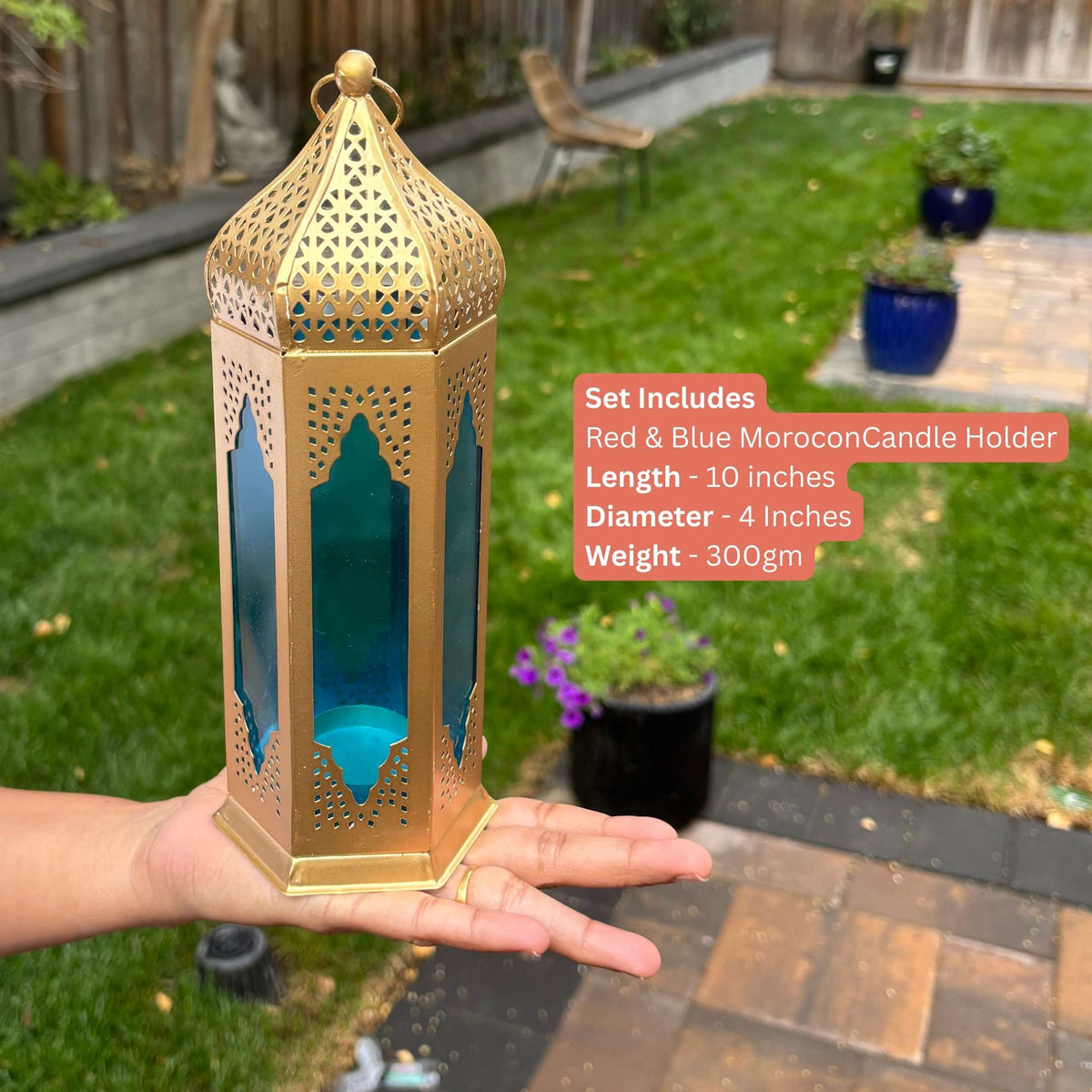 Moroccan Stained Glass Lantern - Set of 2, Red & Blue