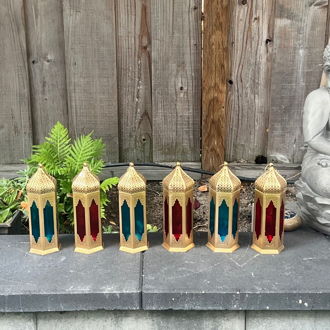 Moroccan Stained Glass Lantern - Set of 2, Red & Blue