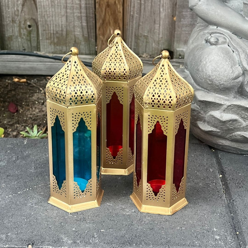 Moroccan Stained Glass Lantern - Set of 2, Red & Blue