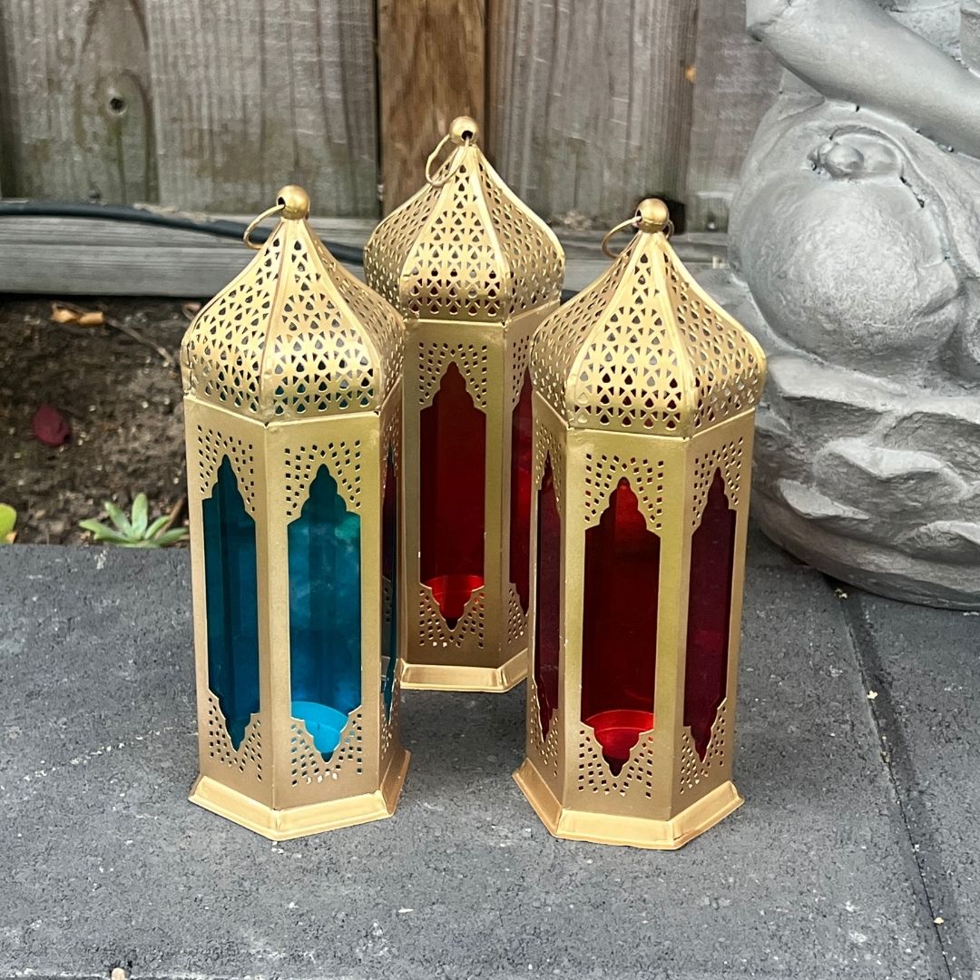 Moroccan Stained Glass Lantern - Set of 2, Red & Blue