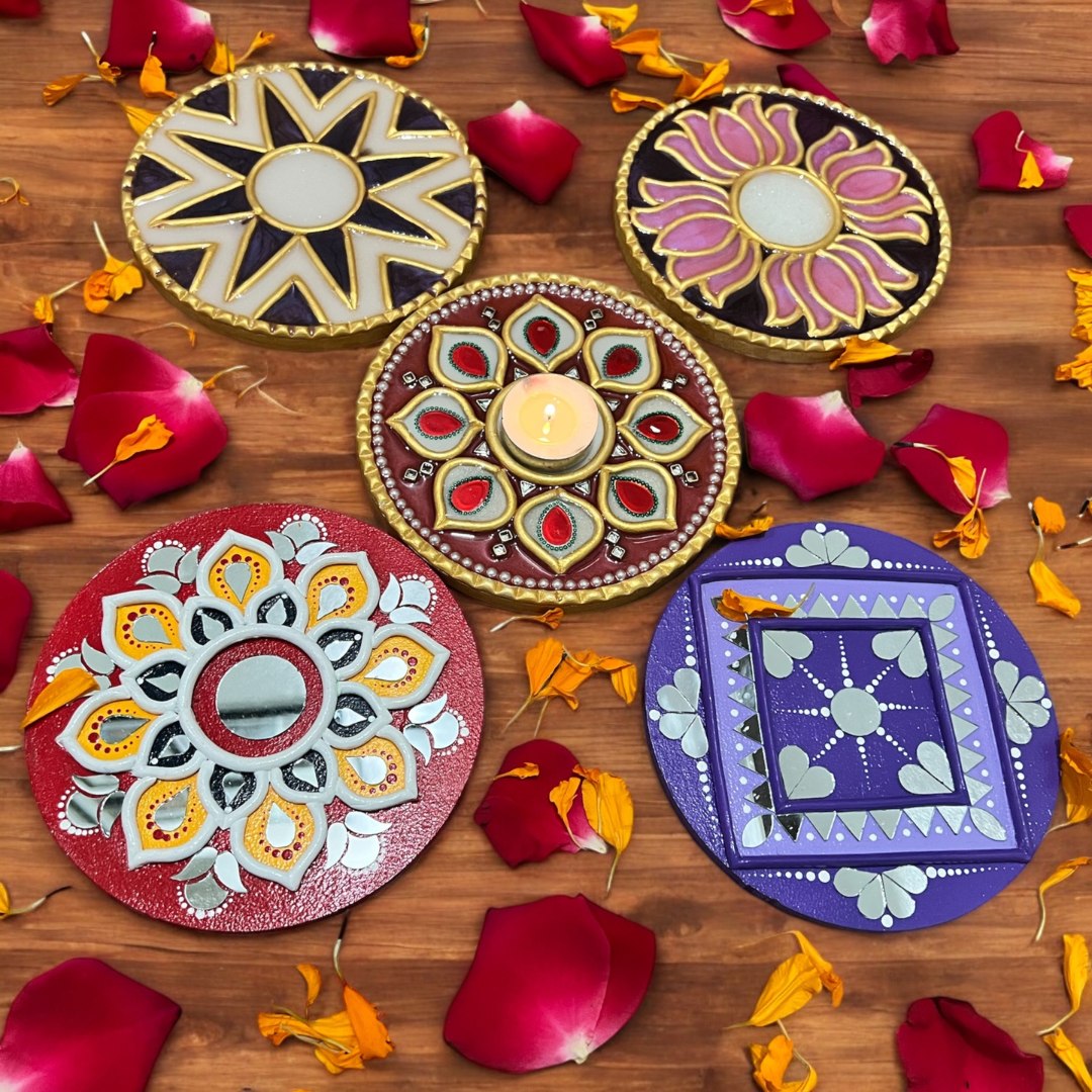 Lippan Mirror T-Light Holders - Set of 5 Handcrafted Diyas