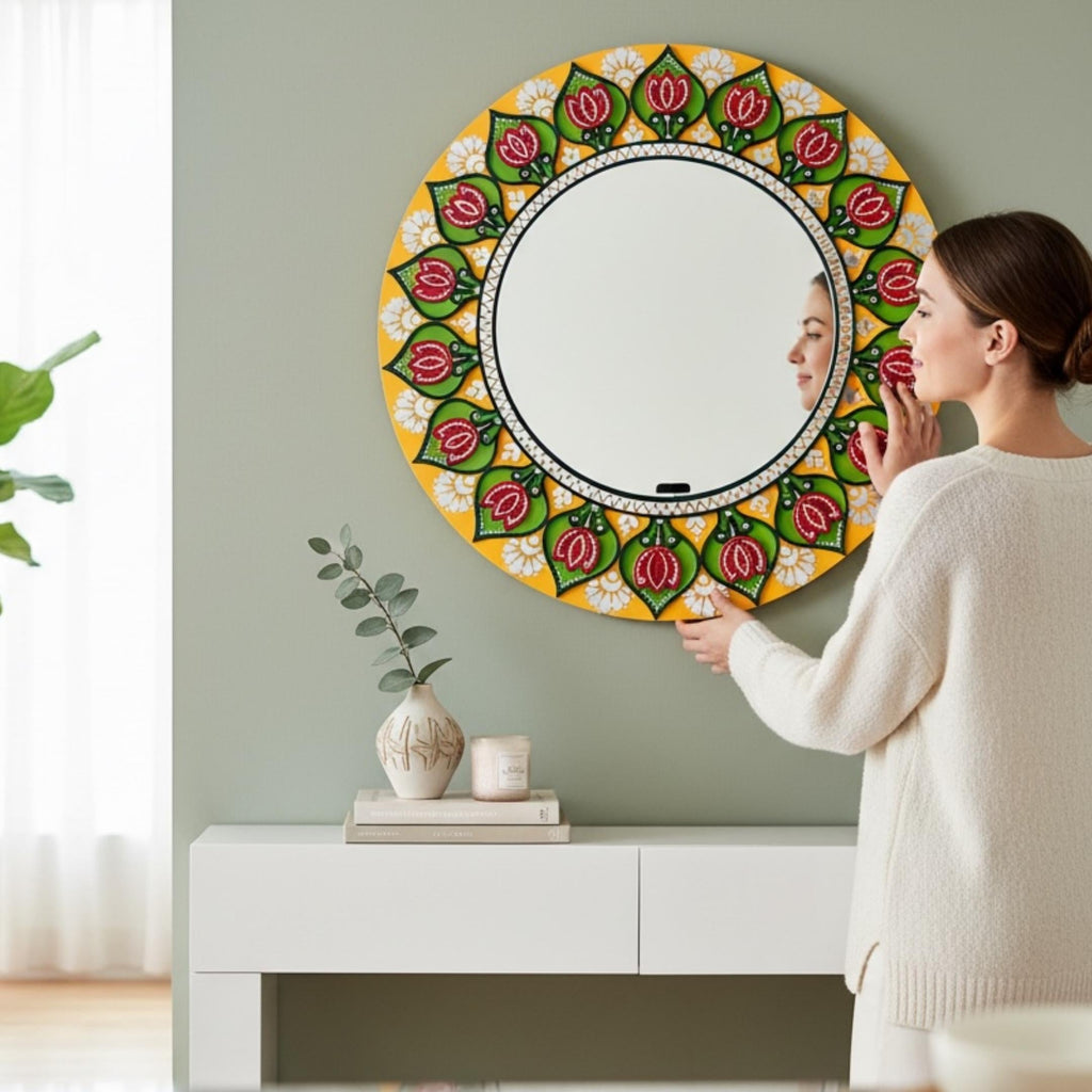 24-Inch Mandala Mirror Wall Art – Yellow Lotus Lippan