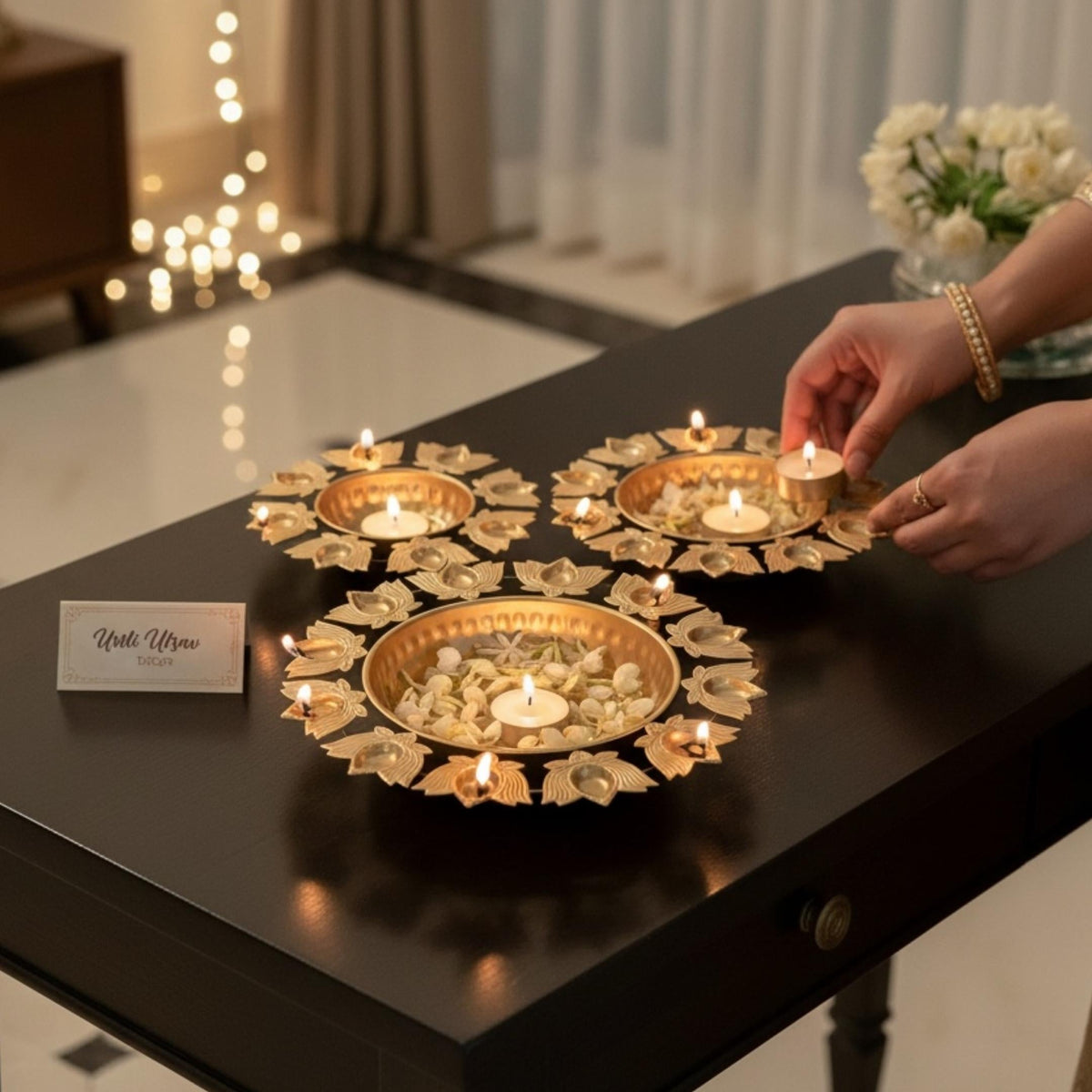 Lotus Petal Urli Bowls – Set of 3 Gold Diya Rim Urlis