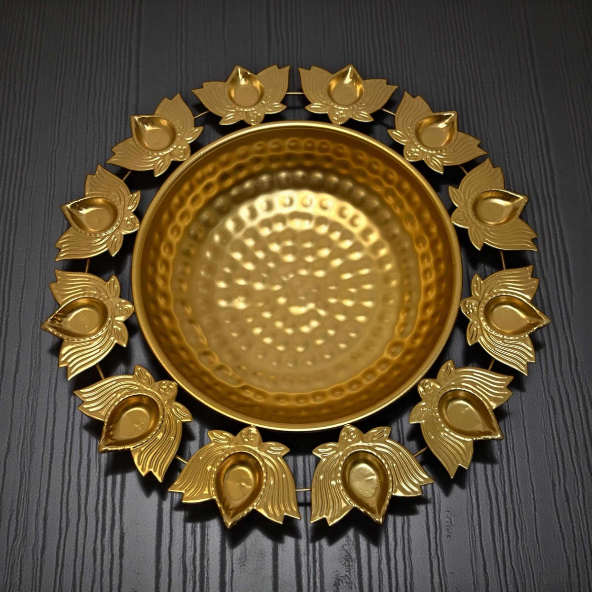 Lotus Petal Urli Bowls – Set of 3 Gold Diya Rim Urlis