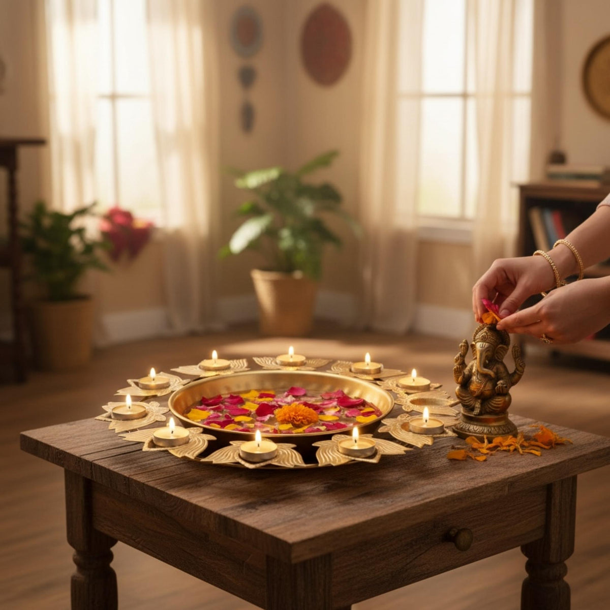 Lotus Petal Urli Bowls – Set of 3 Gold Diya Rim Urlis