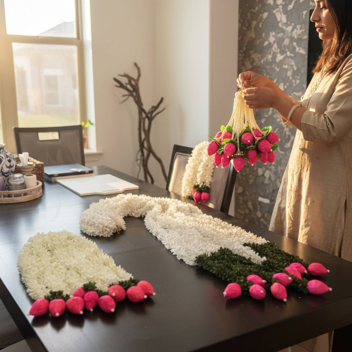 Jasmine and Lotus Bud Fabric Garland Set of 10 - Four Lengths
