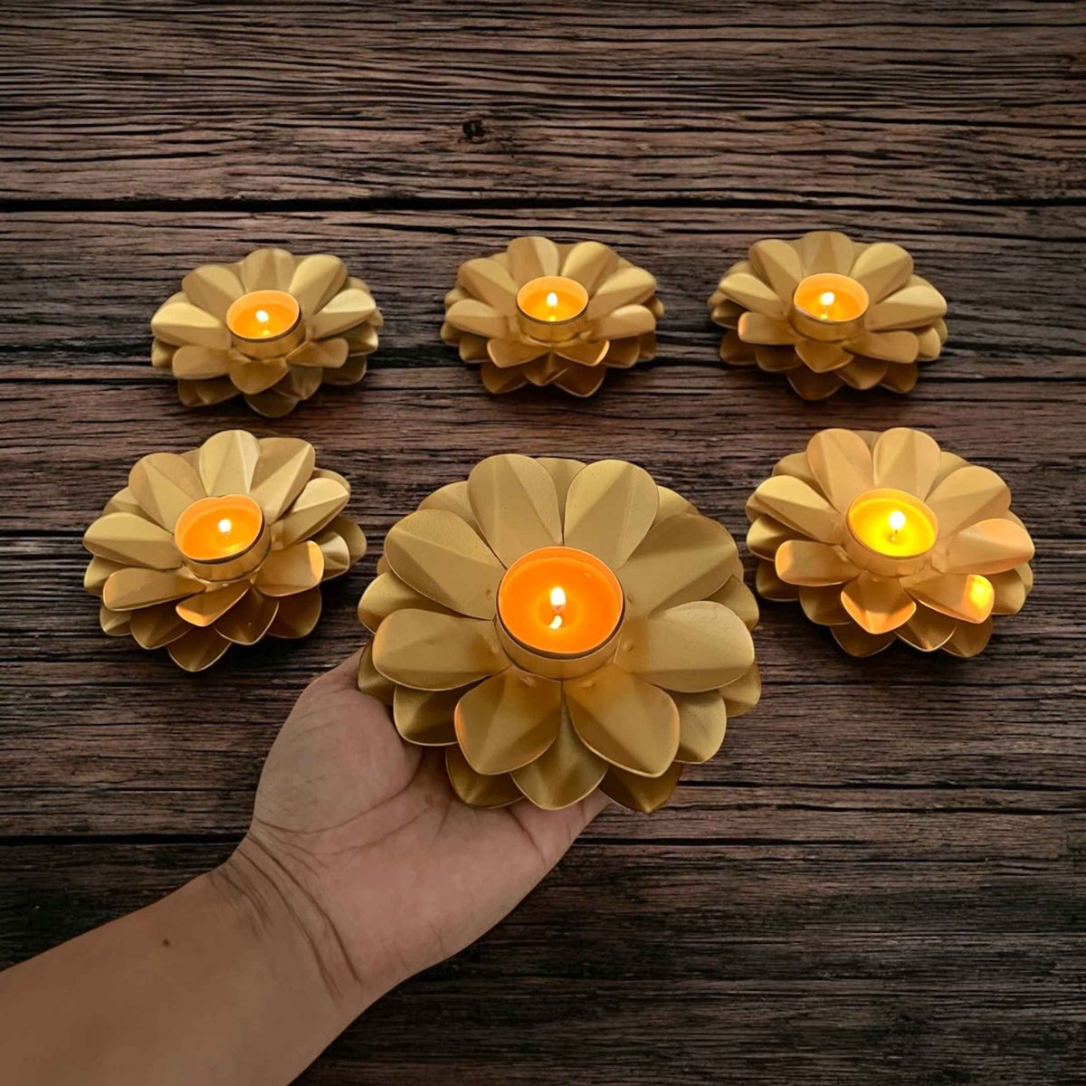 Gold Lotus T-Light Holder Set of 6 - 5in Metal Diwali Diyas