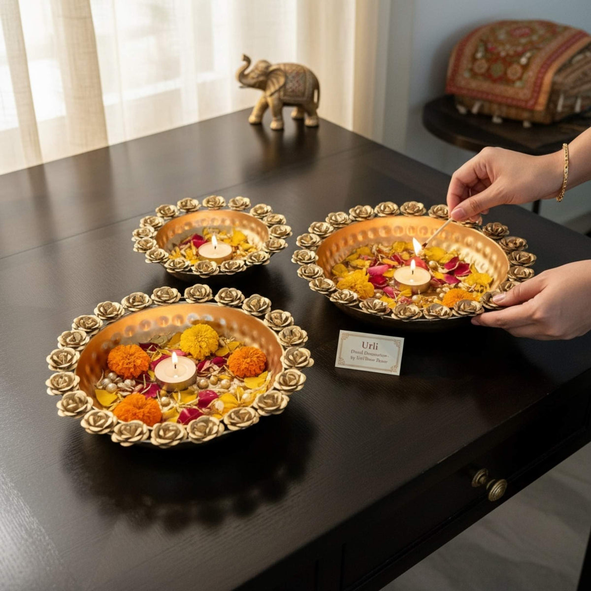 Rose Rim Urli Bowls – Set of 3 Compact Gold Urlis