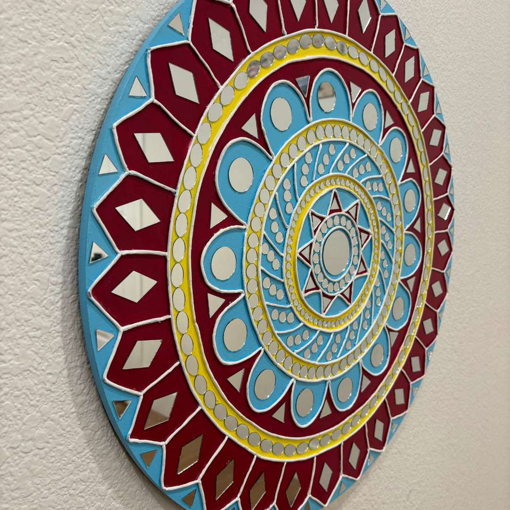 24-Inch Mandala Wall Art – Maroon & Blue with Mirror Inlay