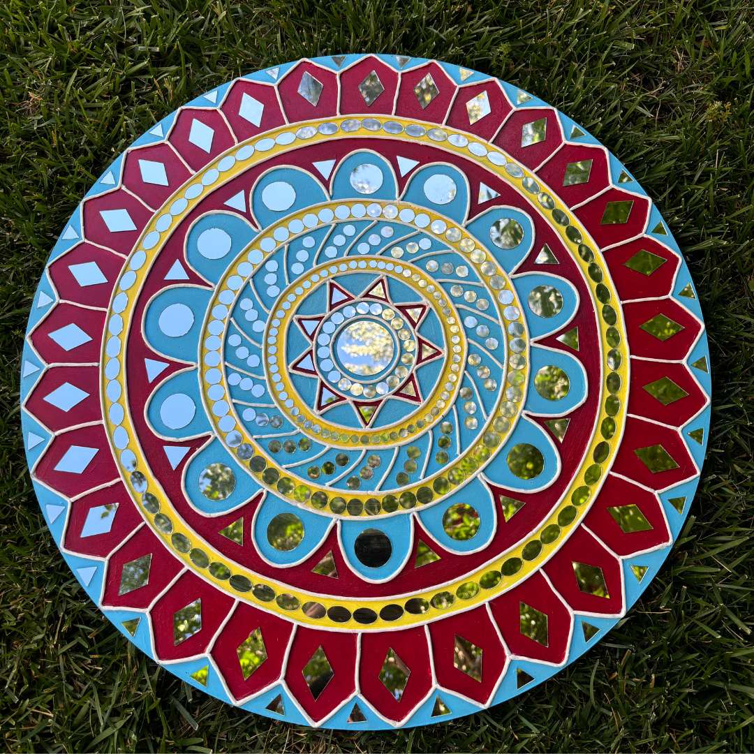 24-Inch Mandala Wall Art – Maroon & Blue with Mirror Inlay