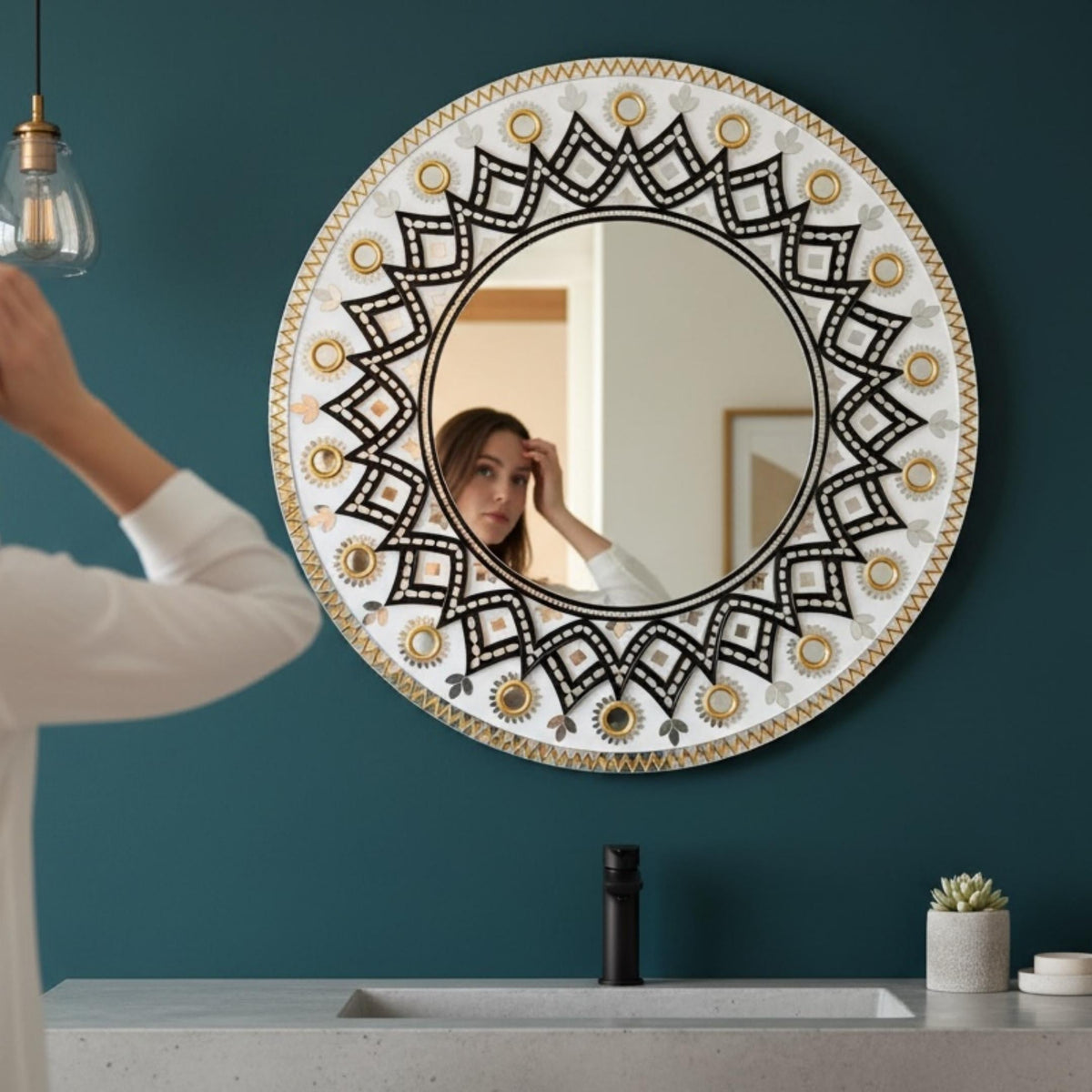 24-Inch Mandala Mirror Wall Art – Ivory & Black Geometric