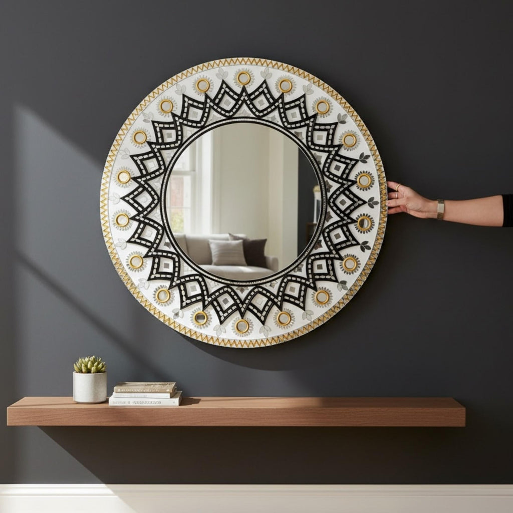 24-Inch Mandala Mirror Wall Art – Ivory & Black Geometric