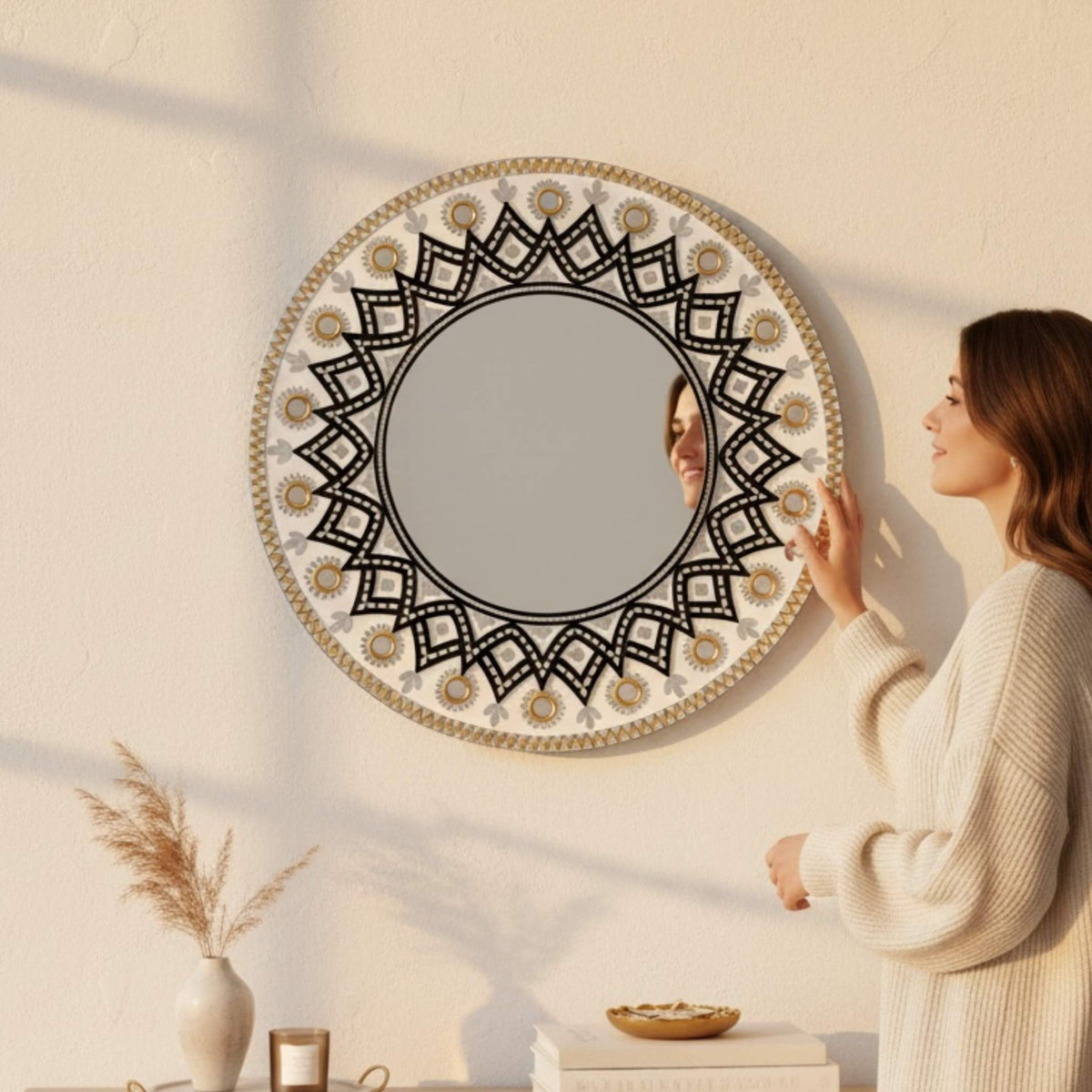 24-Inch Mandala Mirror Wall Art – Ivory & Black Geometric