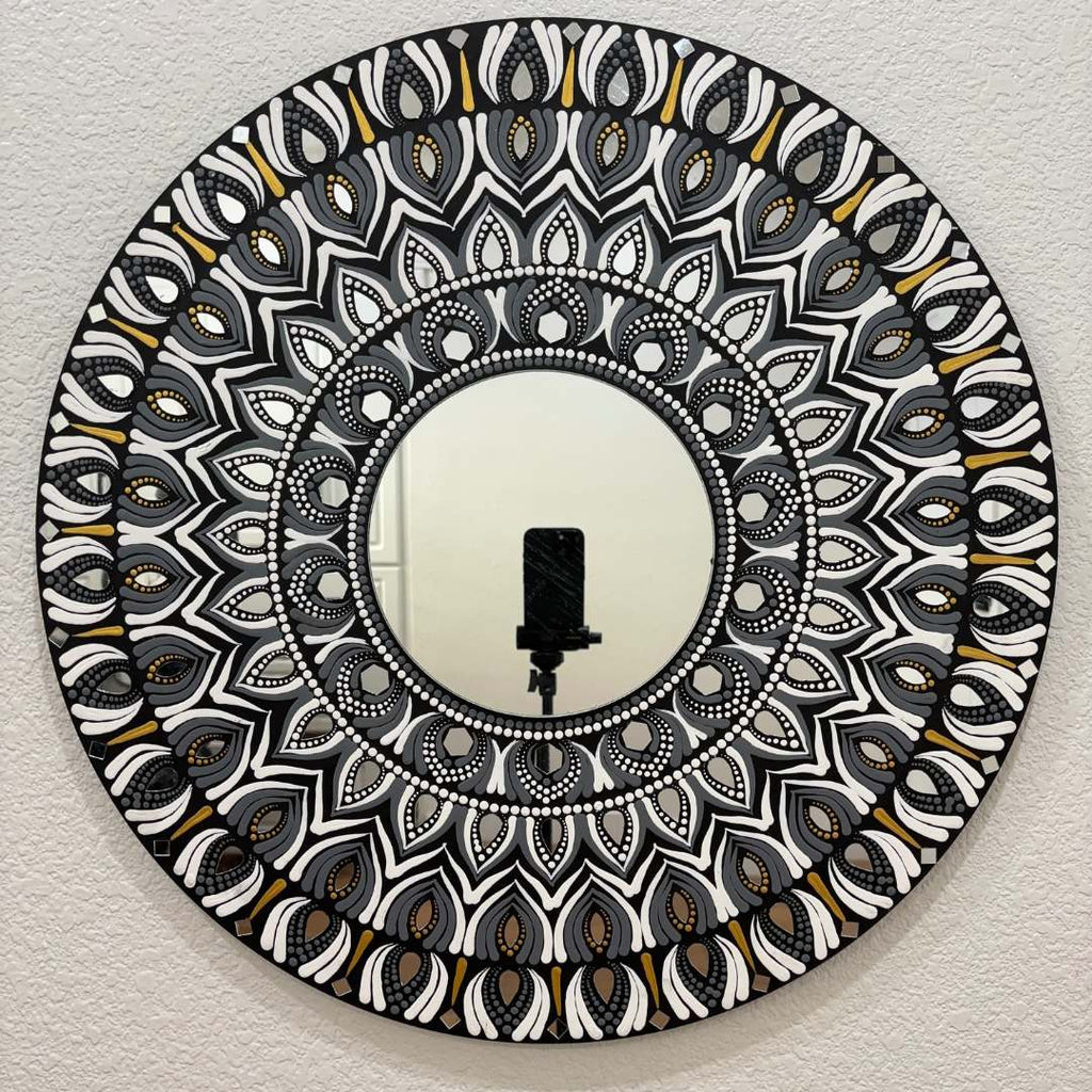24-Inch Mandala Mirror Wall Art – Monochrome Feather Lippan