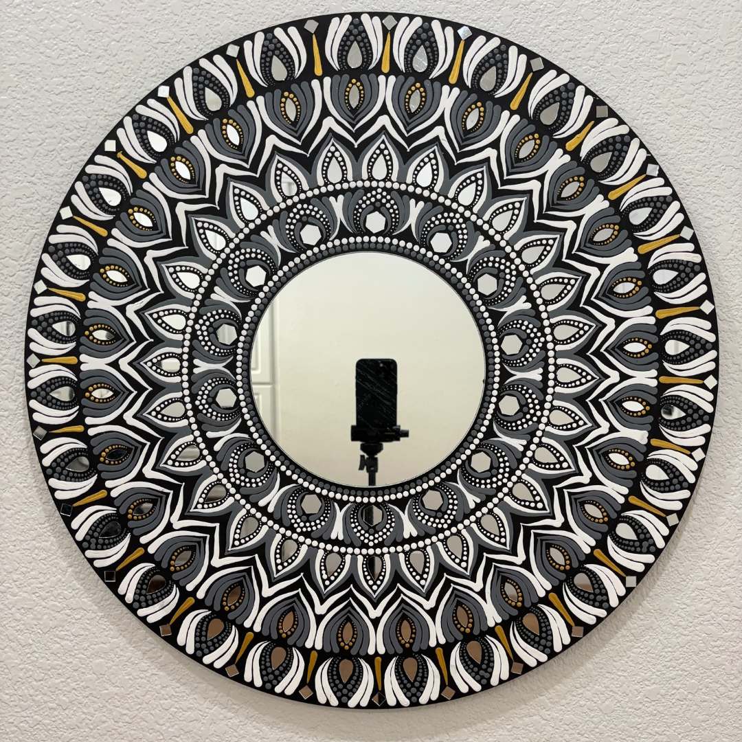 24-Inch Mandala Mirror Wall Art – Monochrome Feather Lippan