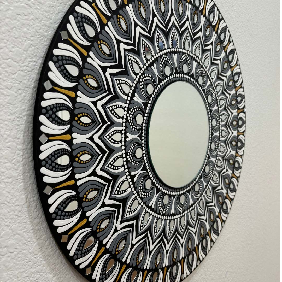 24-Inch Mandala Mirror Wall Art – Monochrome Feather Lippan