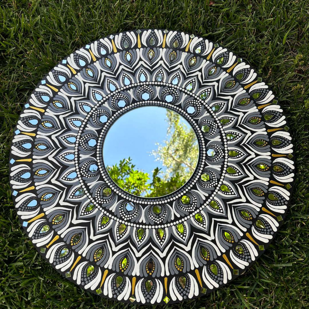 24-Inch Mandala Mirror Wall Art – Monochrome Feather Lippan