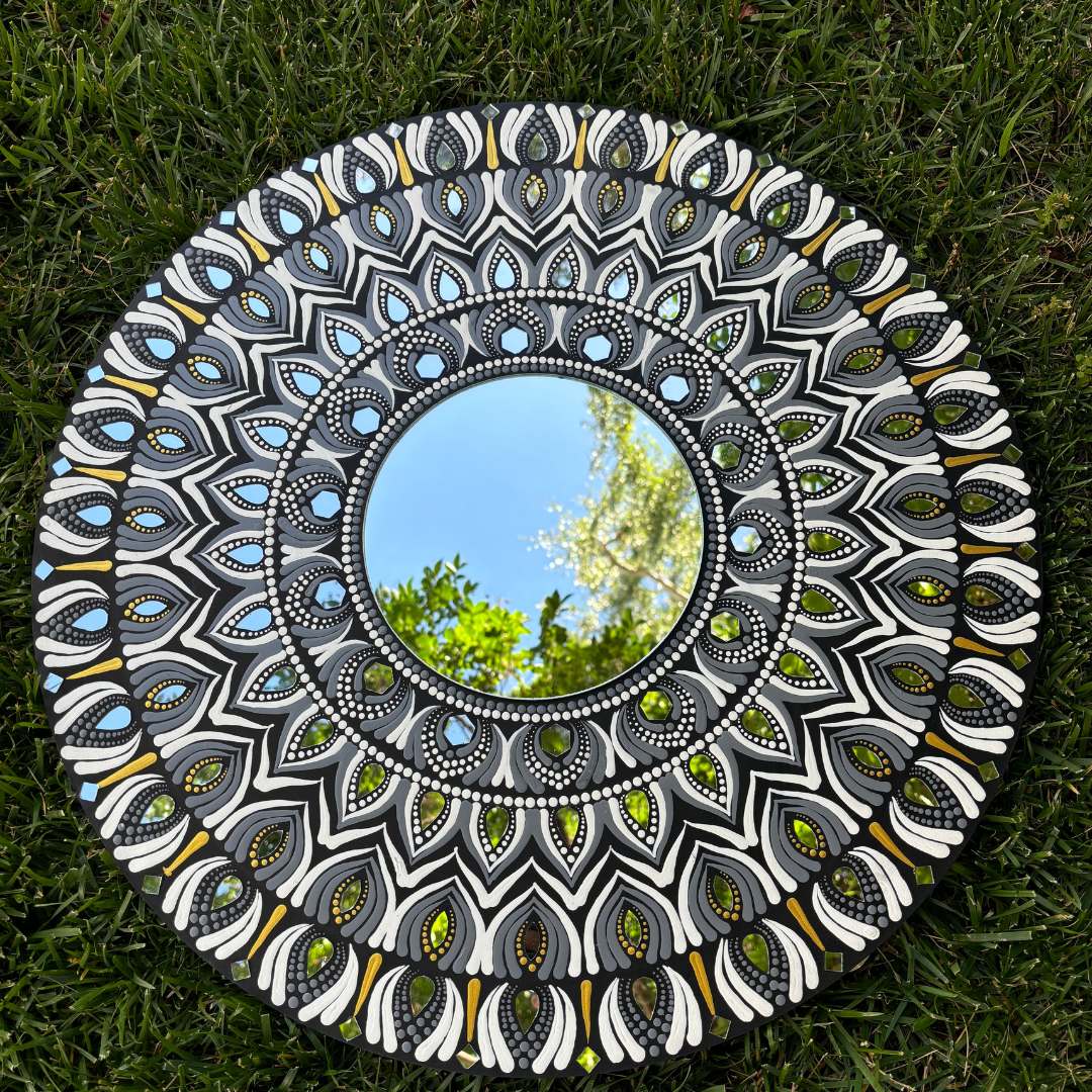 24-Inch Mandala Mirror Wall Art – Monochrome Feather Lippan