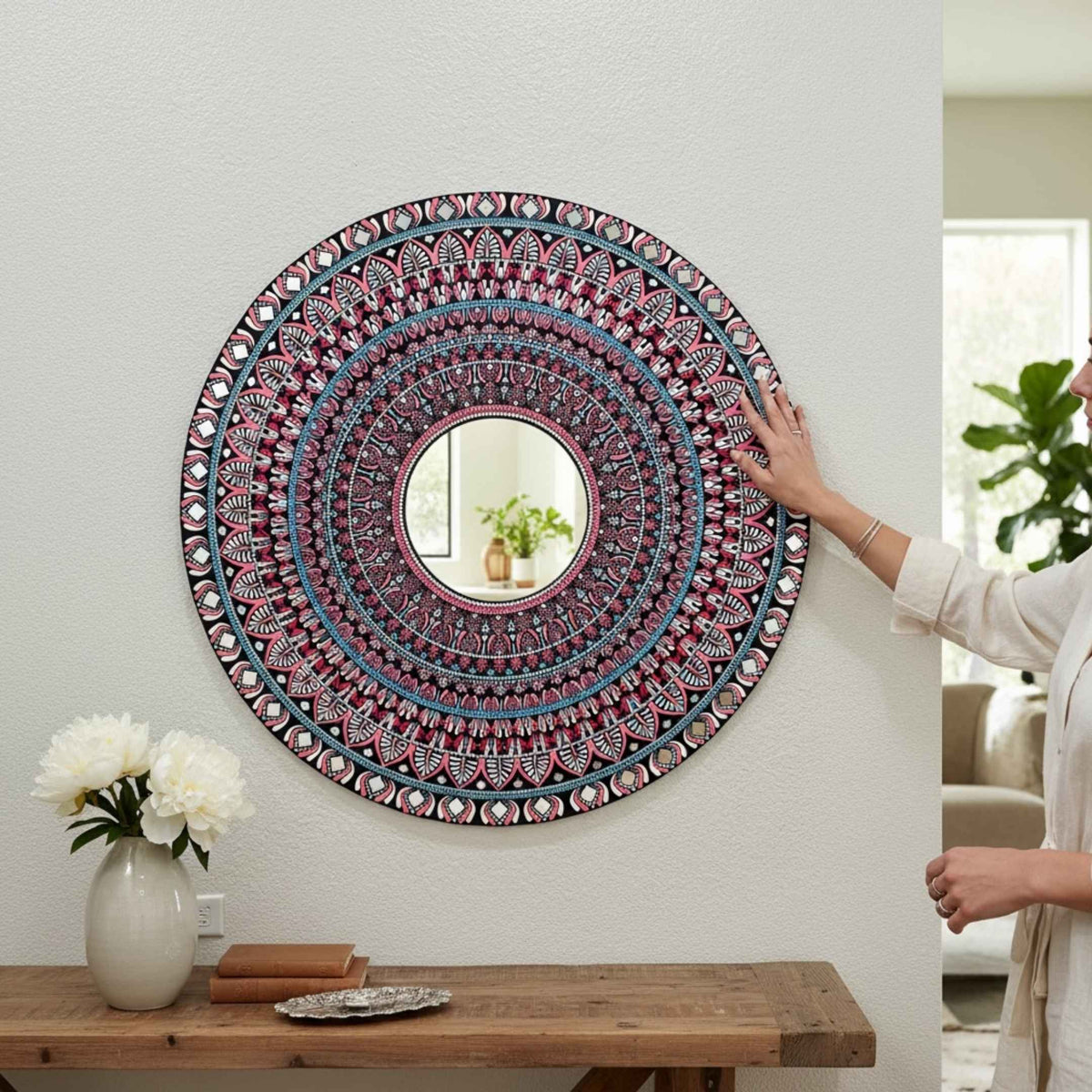 36-Inch Mandala Mirror Wall Art – Hawa Mahal Pink