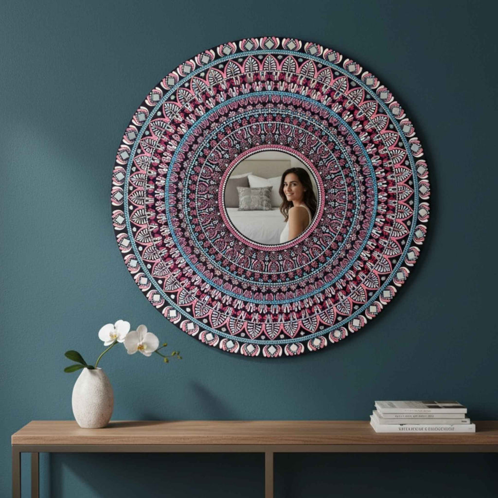 36-Inch Mandala Mirror Wall Art – Hawa Mahal Pink