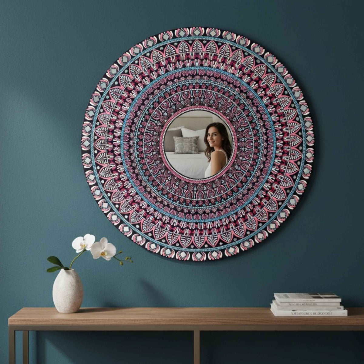36-Inch Mandala Mirror Wall Art – Hawa Mahal Pink