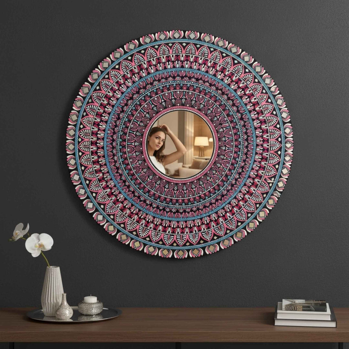 36-Inch Mandala Mirror Wall Art – Hawa Mahal Pink
